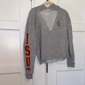 IOWA STATE UNIVERSITY Grey V-Neck Hooded Sweater with ISU Logo